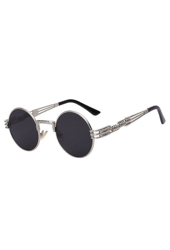 KIMU Ronde Zonnebril Steampunk Heren - Zilver Montuur Rond - Zwarte Glazen - Vintage Retro Hippie Zilveren Hipster Brilletje Festival van Merkloos
