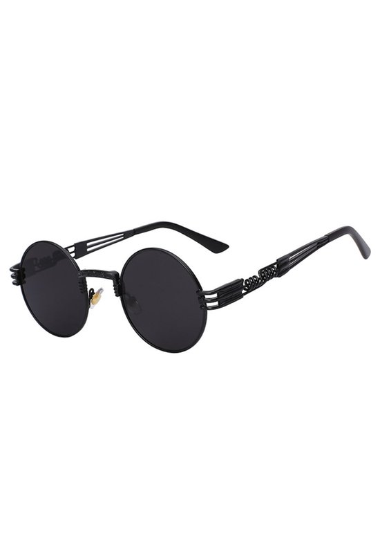 KIMU Ronde Zonnebril Steampunk Heren - Zwart Montuur Rond - Zwarte Glazen - Vintage Retro Hippie Hipster Brilletje Festival van Merkloos