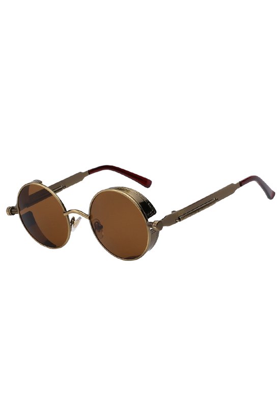 KIMU Ronde Zonnebril Steampunk Vintage - Brons Montuur Rond - Bruine Glazen - Retro Hippie Bruin Sixties Bronzen Festival van Merkloos