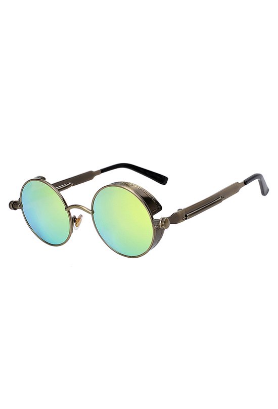 KIMU® Ronde Zonnebril Steampunk Vintage - Brons Montuur Rond - Limegroene Spiegelglazen - Retro Hippie Bruin Sixties Bronzen Groen Groene Lime Festival