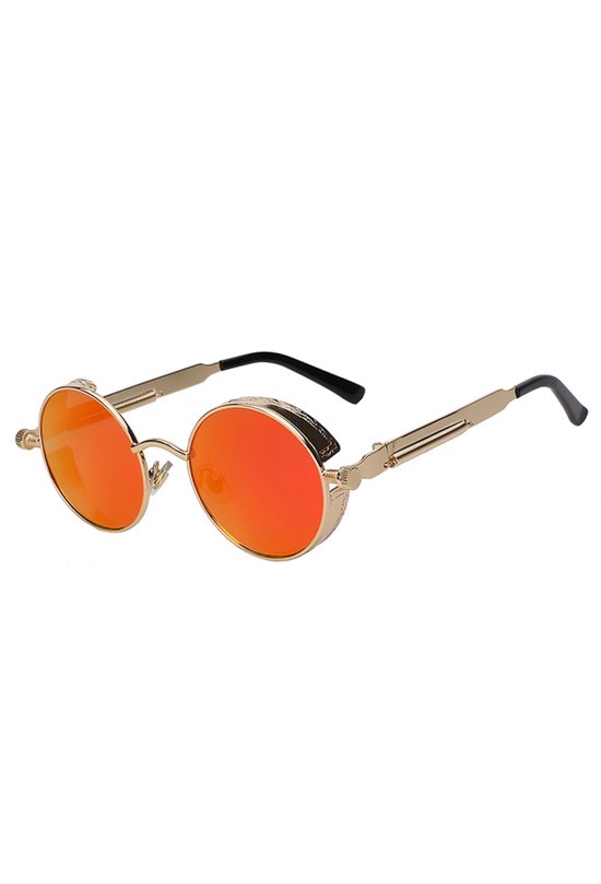 KIMU Ronde Zonnebril Steampunk Vintage - Goud Montuur Rond - Oranje Spiegelglazen - Retro Hippie Gouden Koningsdag van Merkloos