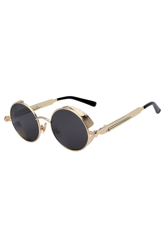KIMU Ronde Zonnebril Steampunk Vintage - Goud Montuur Rond - Zwarte Glazen - Retro Hippie Gouden Carnaval van KIMU