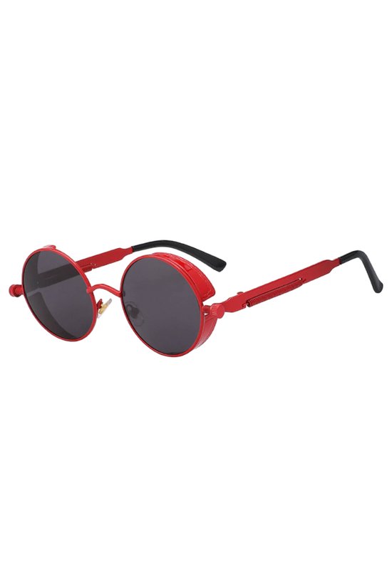 KIMU Ronde Zonnebril Steampunk Vintage - Rood Montuur Rond - Zwarte Glazen - Retro Hippie Festival van Merkloos