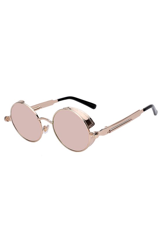 KIMU Ronde Zonnebril Steampunk Vintage - Roségoud Montuur Rond - Rosé Spiegelglazen - Retro Hippie Glazen Gouden Lichtroze Roze Carnaval van KIMU