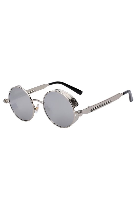 KIMU® Ronde Zonnebril Steampunk Vintage - Zilver Montuur Rond - Zilveren Spiegelglazen - Retro Hippie Festival