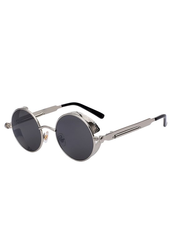 KIMU® Ronde Zonnebril Steampunk Vintage - Zilver Montuur Rond - Zwarte Glazen - Retro Hippie Zilveren Festival