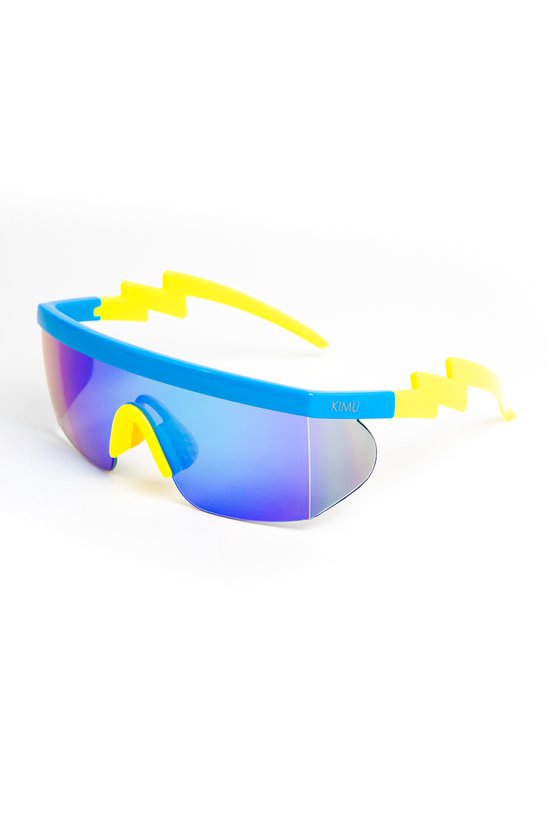 KIMU Skibril Zonnebril - Geel Montuur - Blauwe Spiegelglazen - Foute Ski Bril Fietsbril Sportbril Motorbril Fout Skipak Goggles Motor Fiets Festival van KIMU