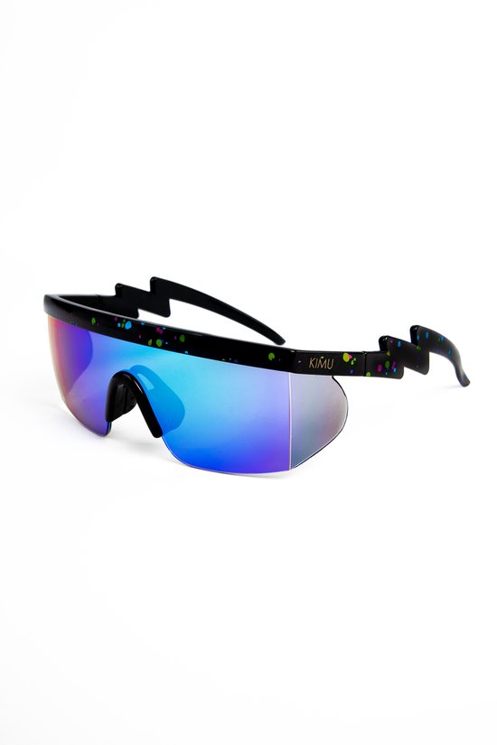 KIMU Skibril Zonnebril - Zwart Montuur - Blauwe Spiegelglazen - Foute Ski Bril Fietsbril Sportbril Motorbril Fout Skipak Motor Wintersport Festival van KIMU
