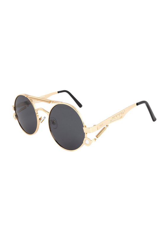 KIMU Steampunk Zonnebril Rond - Goud Montuur Kunststof - Zwarte Glazen - Zonnebril Bril Retro Heren Dames Cirkels Professor Sinterklaas Kado van KIMU