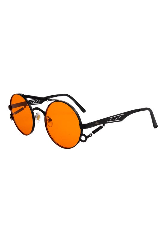 KIMU Steampunk Zonnebril Rond - Zwart Montuur Kunststof - Oranje Glazen - Zonnebril Bril Heren Dames Cirkels EK WK Nederland Koningsdag Sinterklaas Kado van KIMU