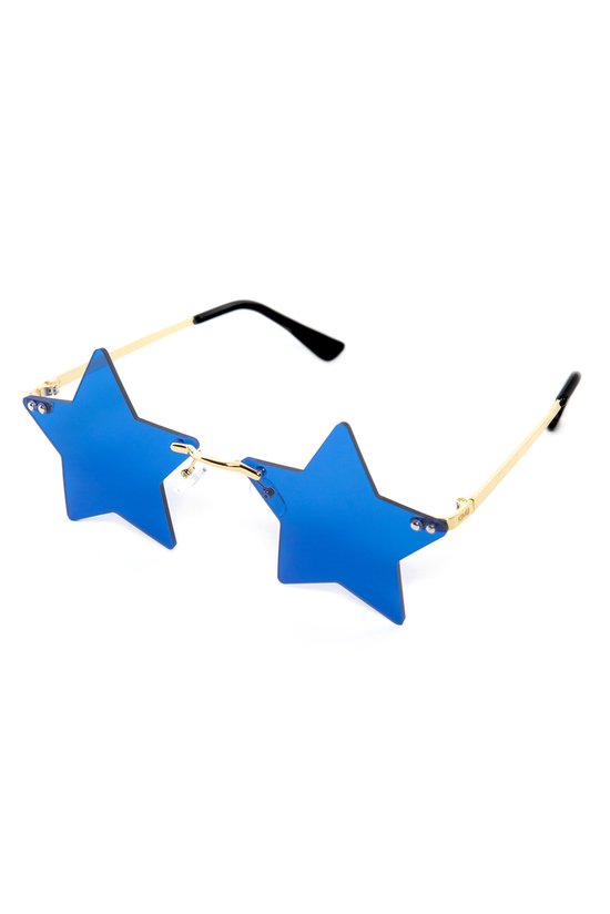 KIMU Sterren Zonnebril - Goud Montuur - Blauwe Glazen - Hollywood Superster Sterretjes Ster Sterrenhemel Lichtjes Bril Star Gouden Blauw Festival van KIMU