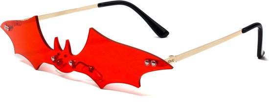 KIMU Vleermuis Zonnebril - Goud Montuur - Rode Glazen - Vampier Vleugels Batman Halloween Eng Spooky Horror Carnaval Bat Nachtdier Festival van KIMU