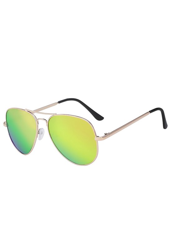KIMU Zonnebril Avator Heren - Goud Montuur - Limegroene Spiegelglazen - Gouden Pilotenbril Seventies Vintage Retro Piloot Model Geel Groen Lime Groene Carnaval van KIMU