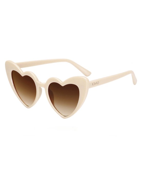 KIMU Zonnebril Hartjes Cat Eye - Creme Wit Montuur - Bruin Gradient Glazen - Vintage Seventies Hippy Retro Love Festival