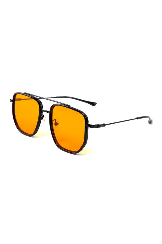 KIMU Zonnebril Hexagon - Zwart Montuur - Oranje Glazen - Dames Heren Retro Kunststof Vintage Designer EK WK Nederland Koningsdag Holland Carnaval van Merkloos