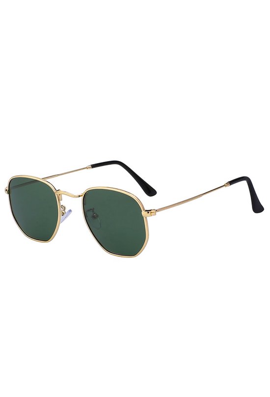 KIMU Zonnebril Hexagonal - Goud Montuur - G15 Zeshoekige Glazen Donkergroen - Gouden Pilotenbril Groen Groene Retro Vintage Zeshoekig Donkergroene Festival