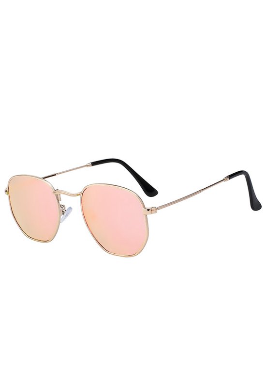 KIMU Zonnebril Hexagonal - Goud Montuur - Rosé Zeshoekige Spiegelglazen - Roségouden Pilotenbril Gouden Lichtroze Roze Retro Vintage Zeshoekig Festival van Merkloos