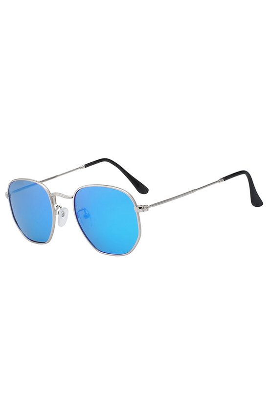 KIMU® Zonnebril Hexagonal - Zilver Montuur - Blauw Zeshoekige Spiegelglazen - Zilveren Pilotenbril Blauw Retro Vintage Zeshoekig Festival van KIMU