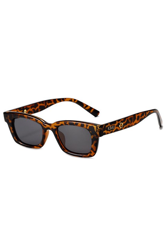 KIMU Zonnebril Rechthoekig IKO - Tortoise Montuur - Zwarte Glazen - Dames Heren Retro Kunststof Vintage Y2K 90's Luipaardprint Bruin Smal Festival van KIMU