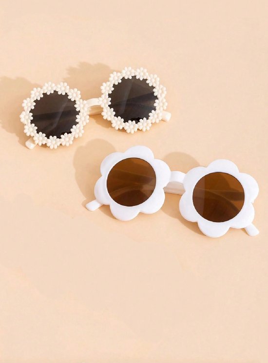 Kinder Zonnebril - Bril - Kind - Baby - 2 stuks - Off-White / Wit - Bloem - Bloemetjes - Vanaf 2 jaar - 6 jaar - UV beschermend - Opklapbaar - Kinderzonnebril - Zonnebrillen - DH Collection van Merkloos