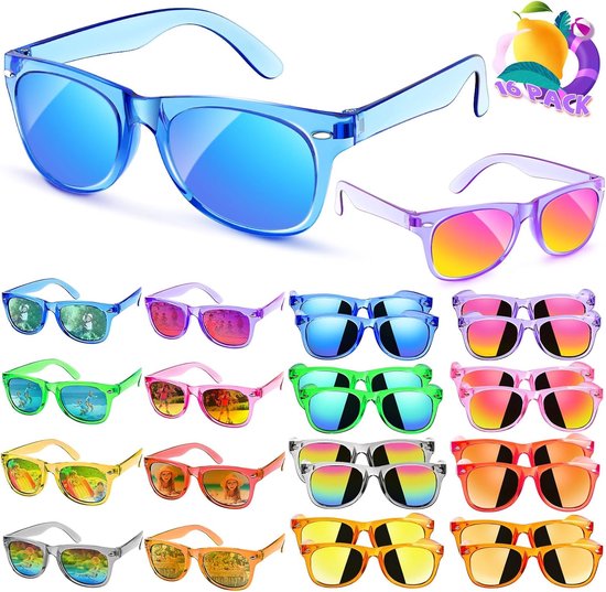 Kinder Zonnebril - Zonnebrillen voor kinderfeestjes - 16 stuks - Kunststof - UV Bescherming - Lichtgewicht & Comfortabel - Neon zonnebril - Geschikt als feestartikel voor kinderfeestjes en ook een ideale keuze als afscheidscadeau voor studenten