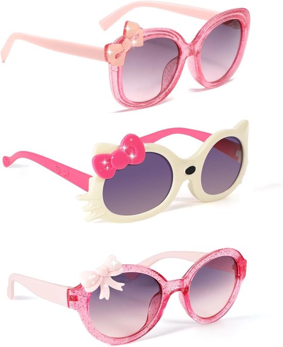 Kinder Zonnebrillen Meisjes - Hartjes Bril Kattenbril - Feestelijke Bescherming - Drie Leuke Designs - 3 Stuks - Roze