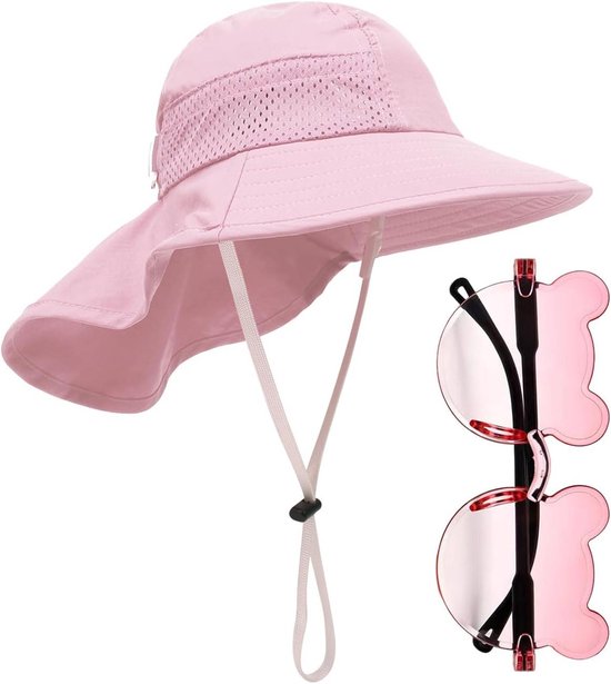 Kindermuts en kinderzonnebril - Ademende mesh hoed outdoor zonnehoed - Kleurverloop zonnebril - Schattige zonnebril roze S-M .