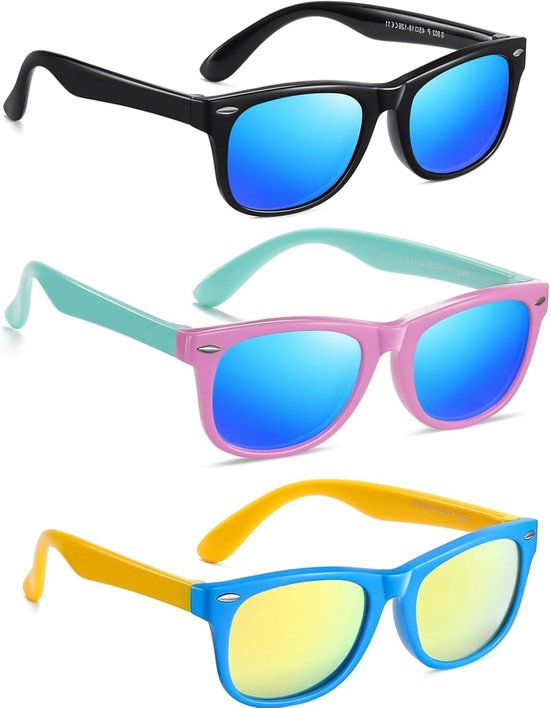 Kinderzonnebril 3-pack - Zonnebril kinderen - Bescherming ogen - Flexibel rubberen frame - 3-8 jaar - Gespiegelde glazen van Merkloos