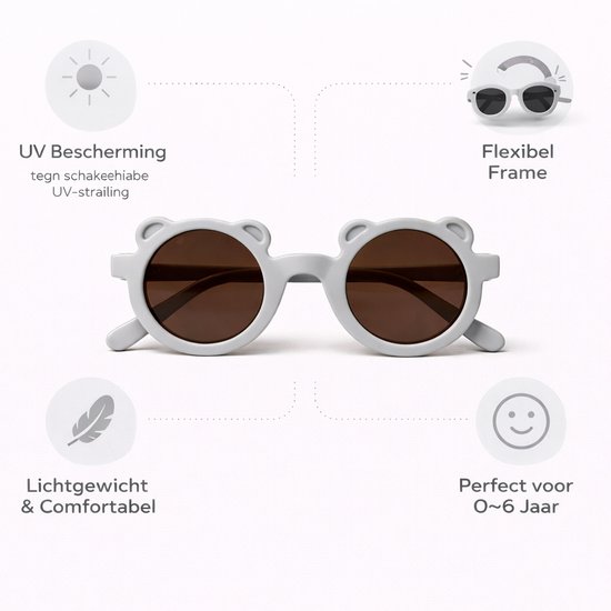 Kinderzonnebril met Berenoortjes – Rond – UV Bescherming – Flexibel – 0-6 Jaar – Grijs van Merkloos