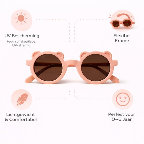 Kinderzonnebril met Berenoortjes – Rond – UV Bescherming – Flexibel – 0-6 Jaar – Zalmroze van Merkloos