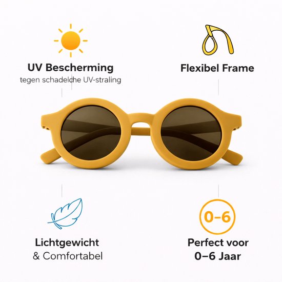 Kinderzonnebril - Rond - UV Bescherming - Flexibel - 0-6 Jaar - Okergeel van Merkloos