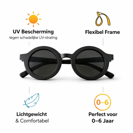 Kinderzonnebril – Rond – UV Bescherming – Flexibel – 0-6 Jaar – Zwart van Merkloos