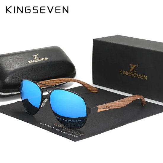 KINGSEVEN 5518 Pilotenbril - Zwart Frame met Spiegelblauwe Lenzen & Houtlook Pootjes van Kingseven