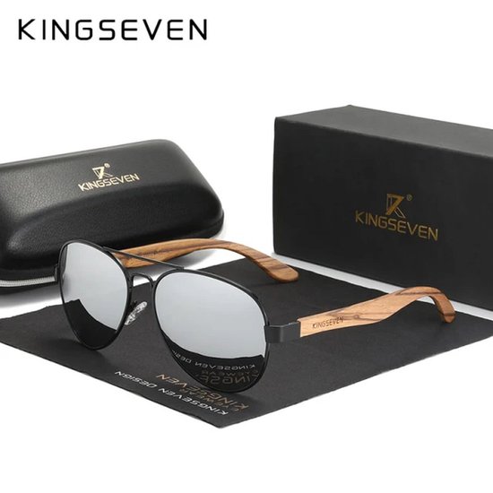 KINGSEVEN 5518 Pilotenbril - Zwart Frame met Spiegelzwarte Lenzen & Houtlook Pootjes