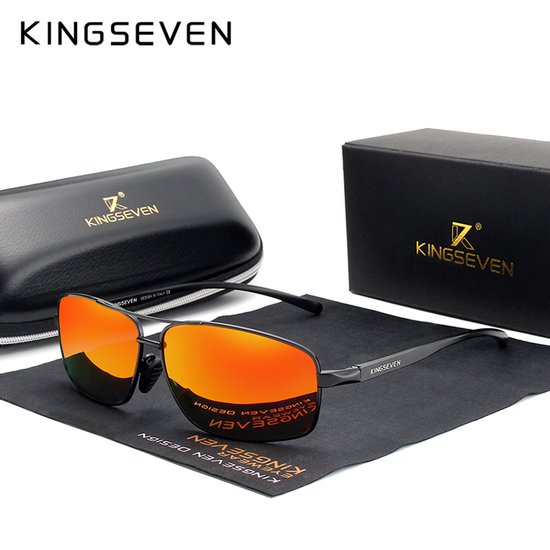 KINGSEVEN 7088 Unisex Zonnebril - Rechthoek model - Zwart Frame met Oranje Lenzen & Luxe Verpakking van Kingseven