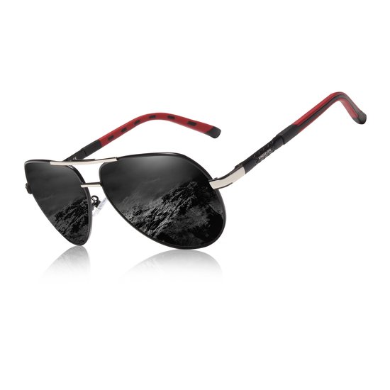 KINGSEVEN 725 Zonnebril - Pilotenbril - Goud Frame met Spiegelzwarte Lenzen & Rode Pootjes