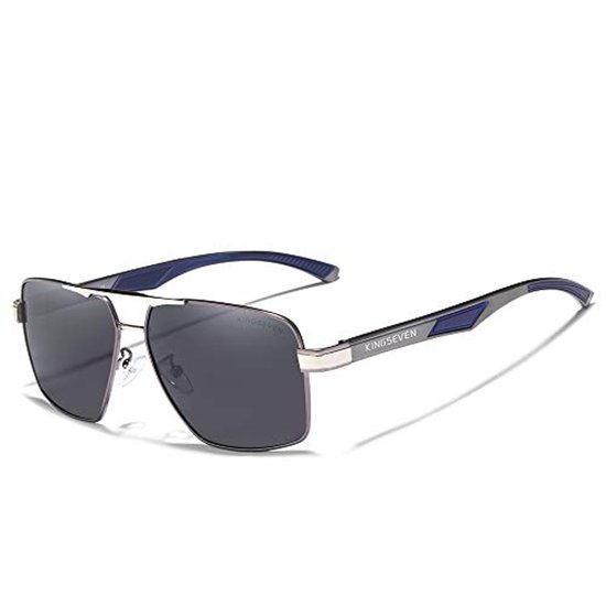 KINGSEVEN 7719 Heren Zonnebril - Rechthoek model - Metallic Frame met Blauwe Accenten & Donkere Lenzen van Kingseven