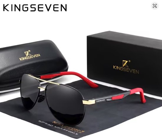 KINGSEVEN 7720 Unisex Zonnebril - Pilotenbril - Zwart Glas, Rood Frame & Luxe Verpakking van Kingseven