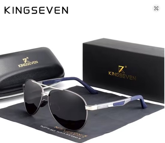 KINGSEVEN 7720 Unisex Zonnebril - Pilotenbril - Zwart Metallic Frame met Blauwe Accenten & Luxe Verpakking van Kingseven