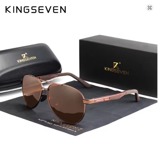 KINGSEVEN 7720 Zonnebril - Pilotenbril - Metallic Frame met Bruine Lenzen & Luxe Verpakking