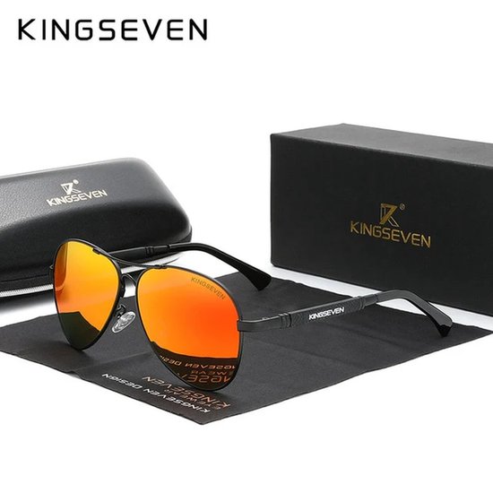 KINGSEVEN 7730 Unisex Zonnebril - Pilotenbril - Zwart Frame met Oranje Lenzen van Kingseven