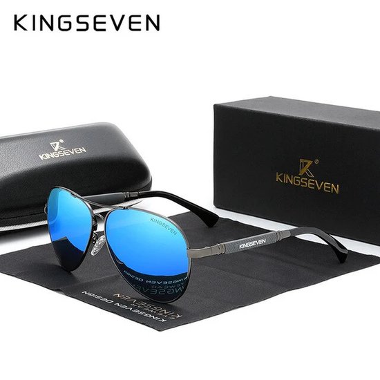 KINGSEVEN 7730 Unisex Zonnebril - Pilotenbril - Zwart-Metallic Frame met Blauwe Lenzen van Kingseven