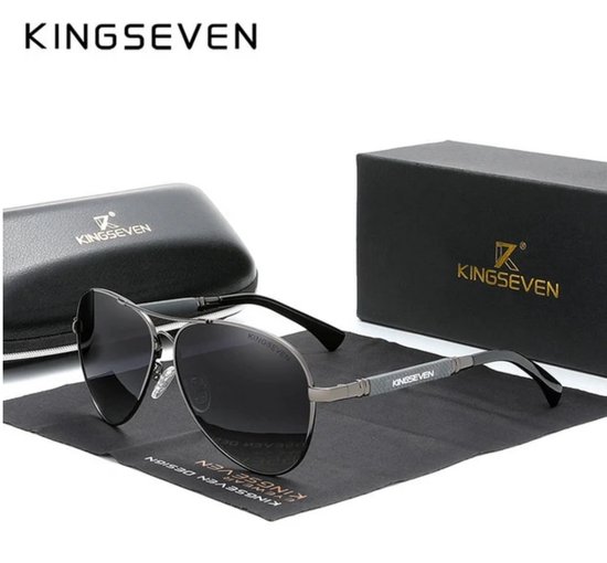 KINGSEVEN 7730 Zonnebril - Pilotenbril – Zwart Grijs Frame met Donkere Lenzen & Luxe Verpakking