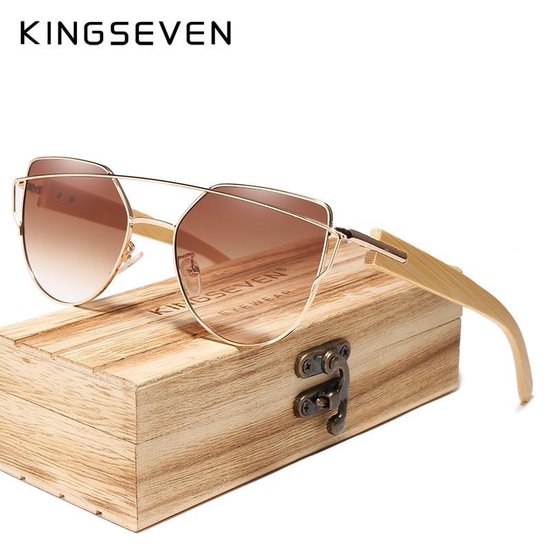 Kingseven Bamboo - handgemaakte hoog kwaliteit houten pootjes - Cat Eye vorm - origineel kingseven houtendoosje - Bruin/Goud montuur van Merkloos