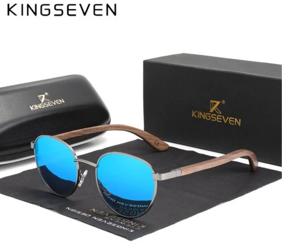 KINGSEVEN Heren Zonnebril - Blauw Spiegelglas met Houtlook Pootjes - N5519 van Merkloos