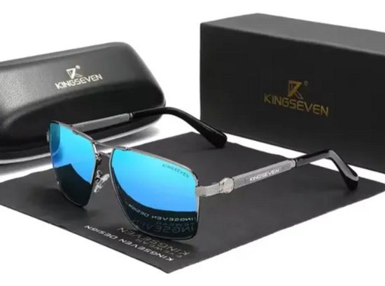 KINGSEVEN Heren Zonnebril - Grijze Pootjes met Blauwe Spiegelglazen - N7790