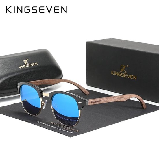KINGSEVEN Heren Zonnebril - Houtlook Pootjes met Blauwe Spiegelglazen - N5516