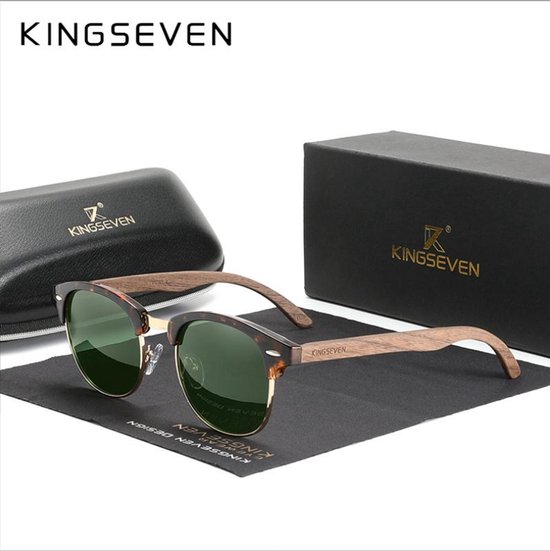 KINGSEVEN Heren Zonnebril - Houtlook Pootjes met Groene Spiegelglazen - N5516