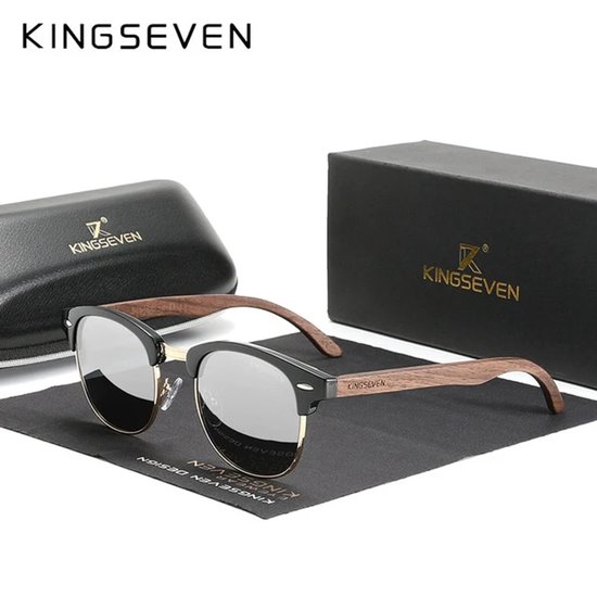 KINGSEVEN Heren Zonnebril - Houtlook Pootjes met Zwarte Spiegelglazen - N5516