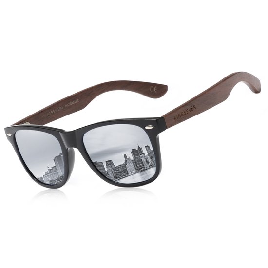 KINGSEVEN Heren Zonnebril UV400 - Houten bruine pootjes met grijze spiegelglazen - Gepolariseerd - N5520